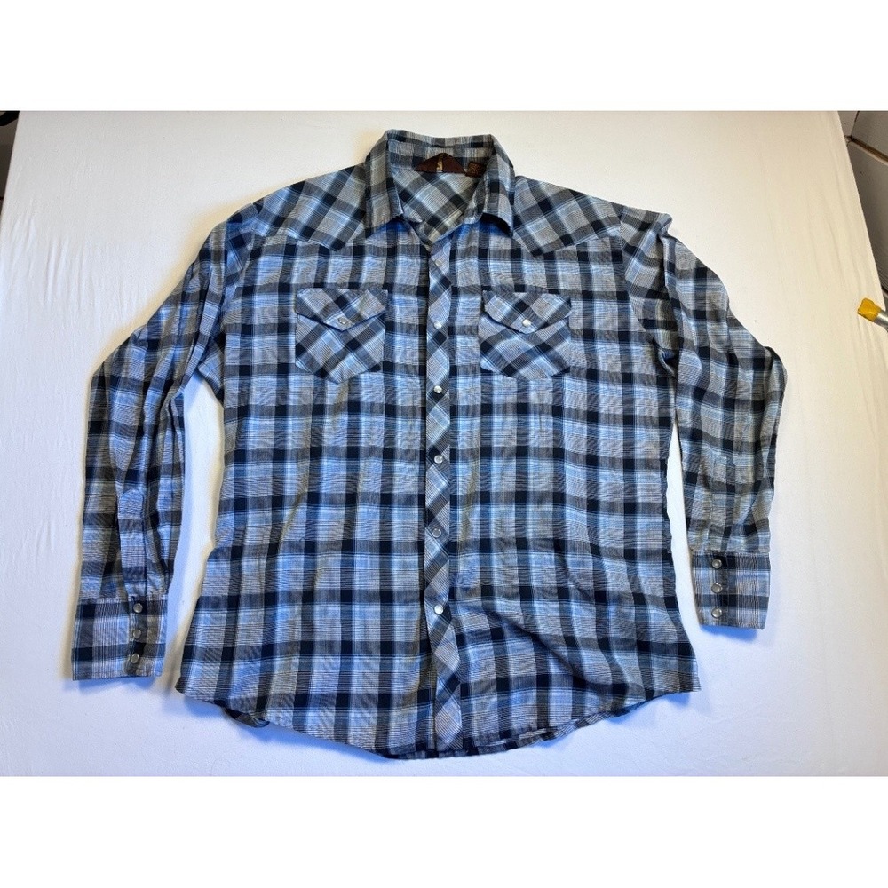 BJ-R Men's XL Blue Plaid Western Pearl Snap Long Sleeve Button-Up Shirt